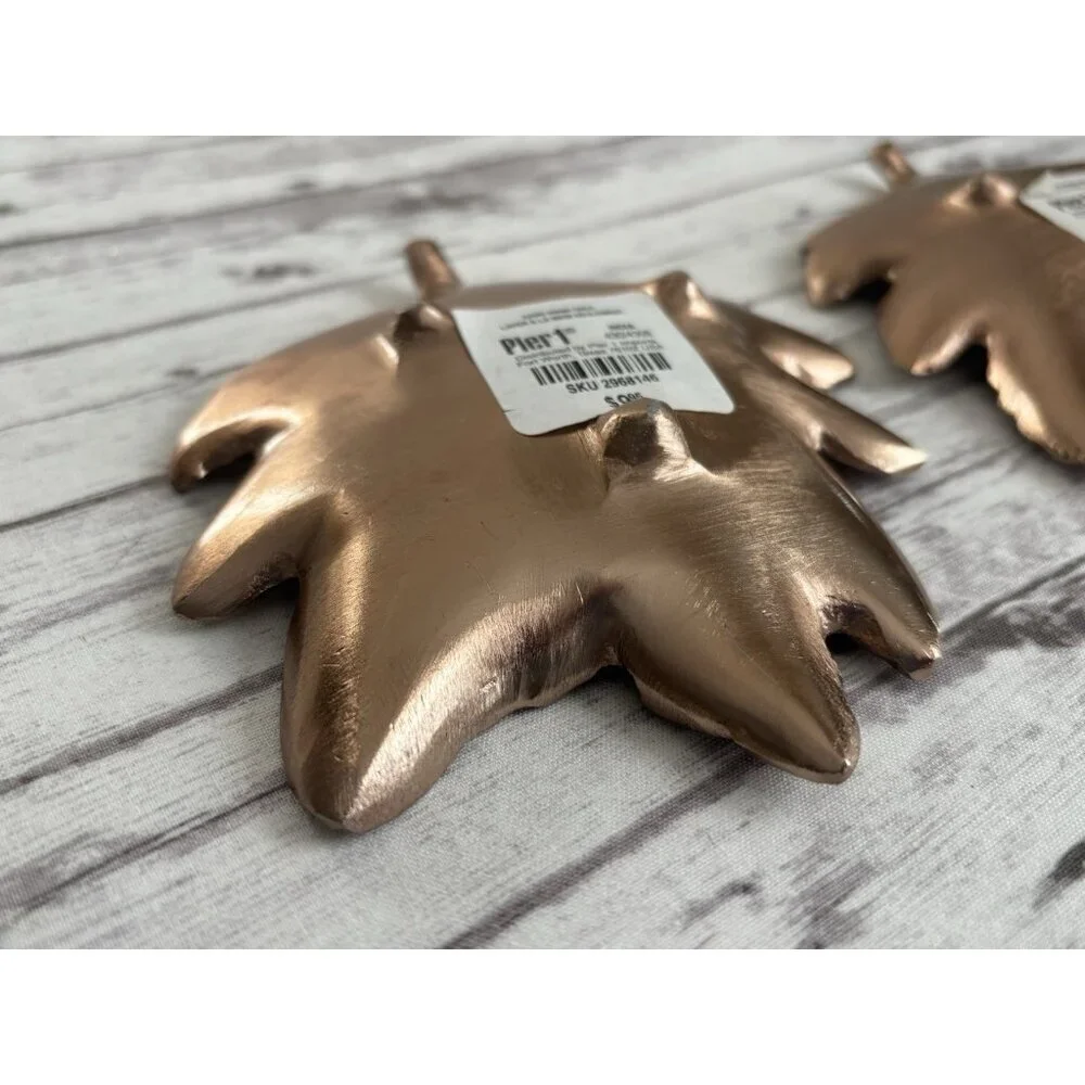 PAIR Pier One Fall Leaf Shaped Rose Gold Plates Metal Trinket Trays Decor 5”